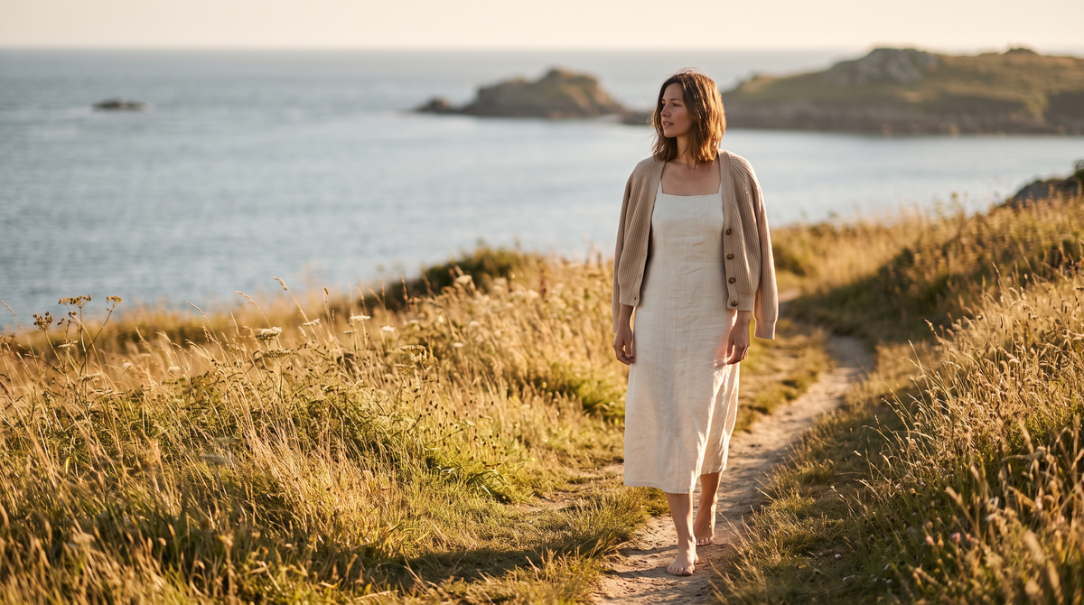 Woman in a linen summer dress on a sunlit coastal path at the end of summer