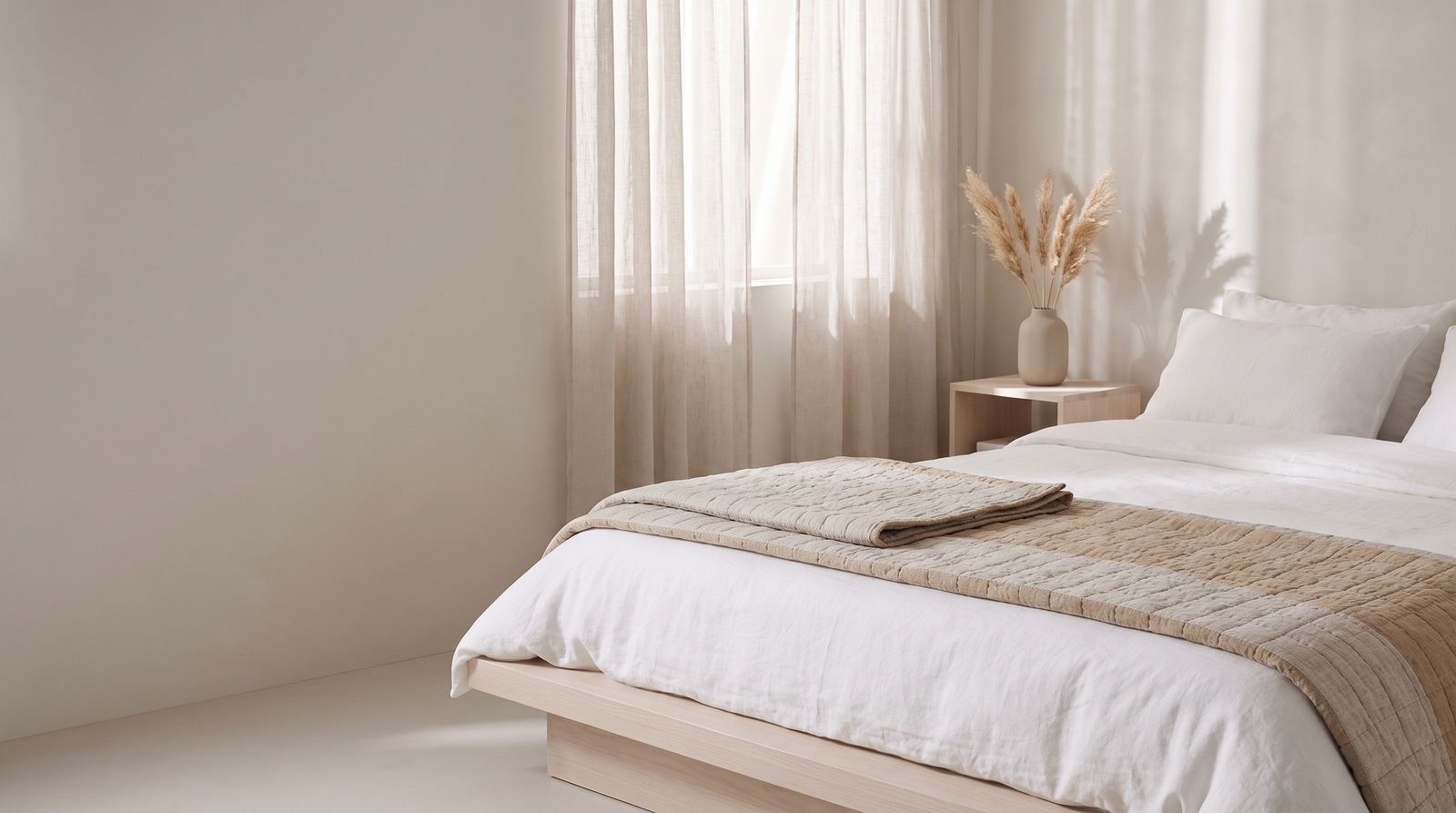 Bed runner styled across a bed in a bright Scandinavian bedroom