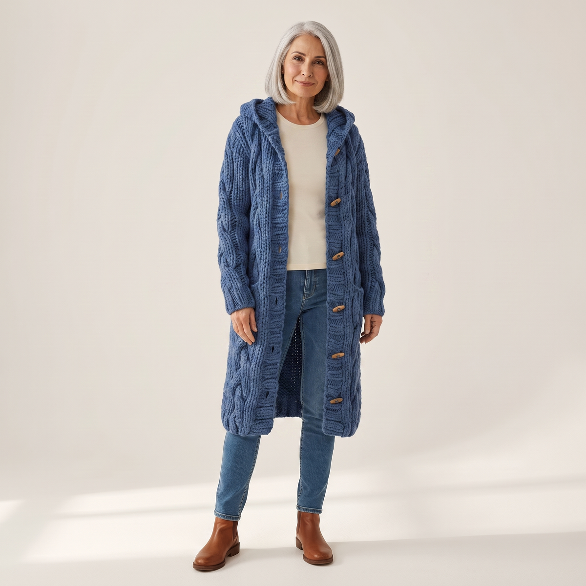 Woman wearing the Hanki chunky cable-knit longline hooded cardigan, front view