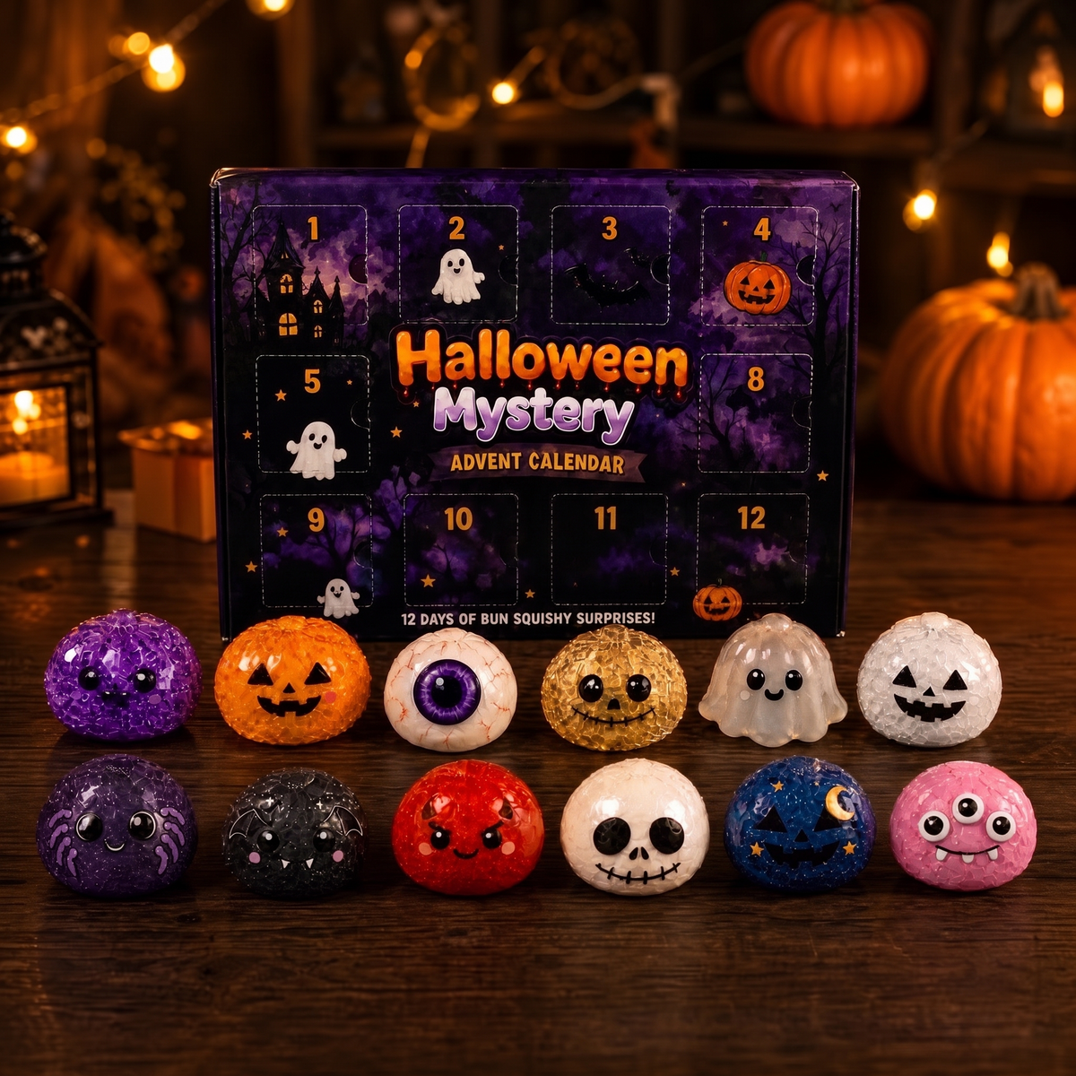Halloween squishy advent calendar on an autumn table